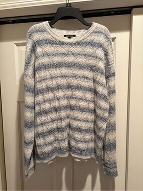 CHARLIE B Blue and Cream Striped Crewneck Sweater